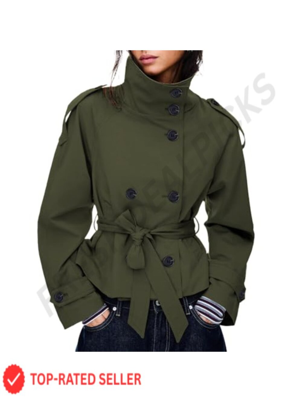 Cropped Trench Coat for Women Double Breasted High Collar Fall Winter Jacket